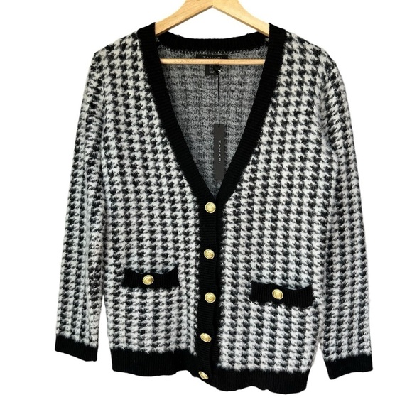 Tahari Eyelash Fringe SuperSoft Houndstooth Cardigan Sweater Black/White Size M - Picture 1 of 12
